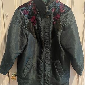 Vtg 80s Puffer Coat Jacket Size M Floral Velvet Quilt Accent Grama Core